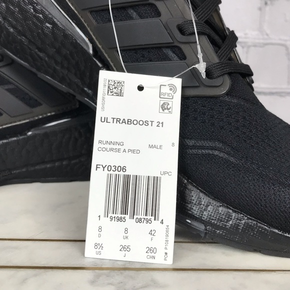Adidas Ultraboost 21 Men’s Triple Black Active Running Shoes Size 8.5 - Picture 10 of 12